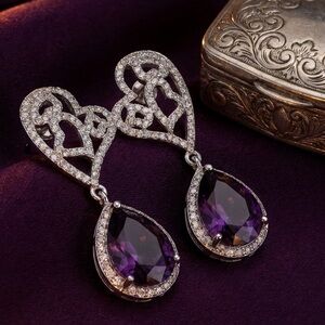Amethyst-Style Purple Teardrop Heart Drop Earrings in Silver Tone